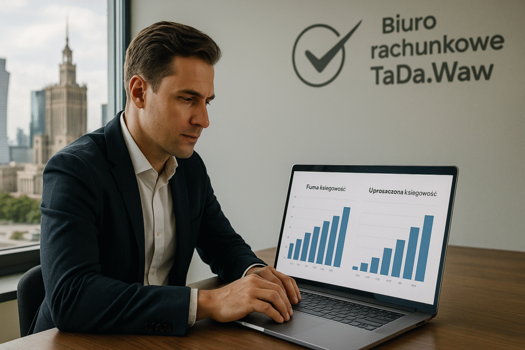 Przedsiębiorca analizujący zestawienie pełnej i uproszczonej księgowości na ekranie laptopa