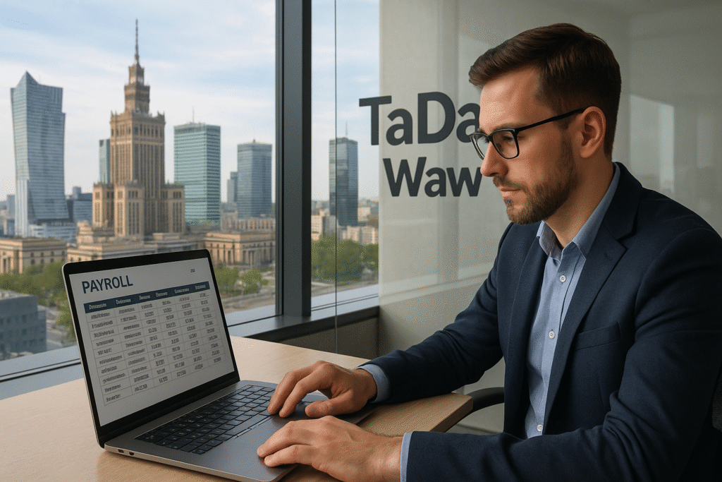 Specjalista HR w biurze z widokiem na Warszawę analizuje dokumenty kadrowo-płacowe