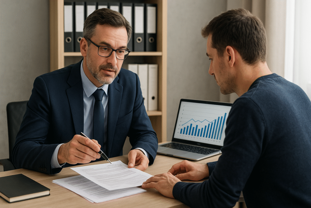 Doradca podatkowy TaDa.Waw analizujący dokumenty z klientem