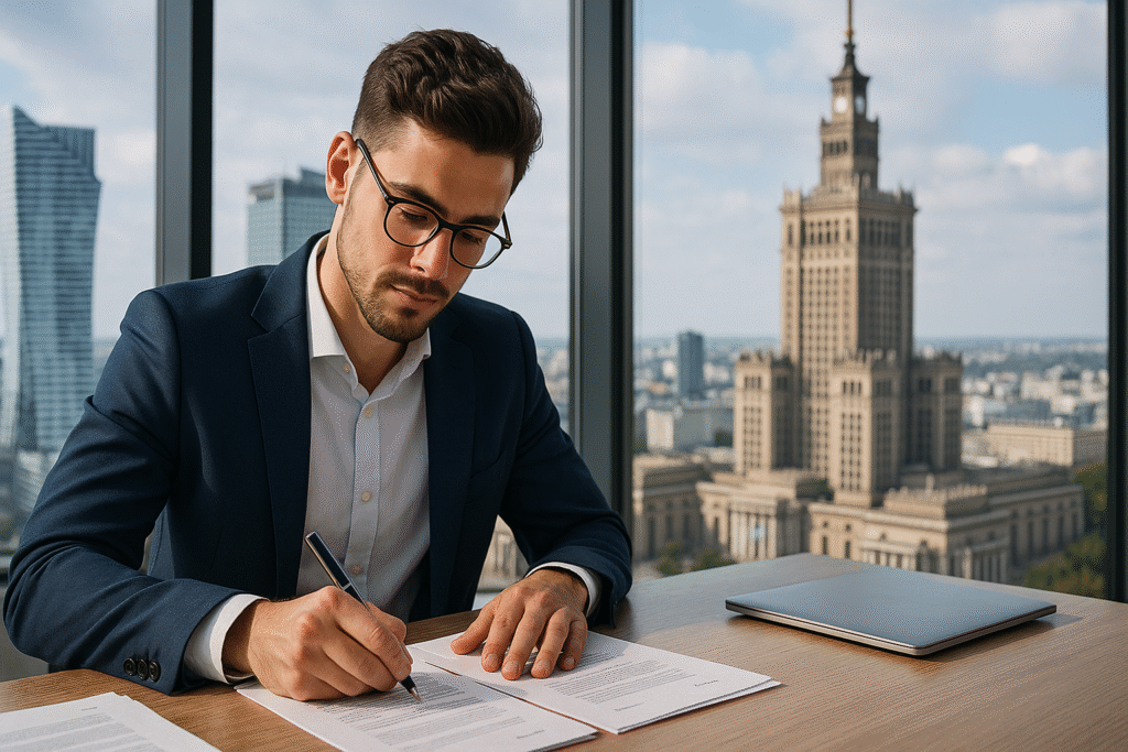 Przedsiębiorca zakładający firmę w Warszawie w biurze z widokiem na skyline miasta