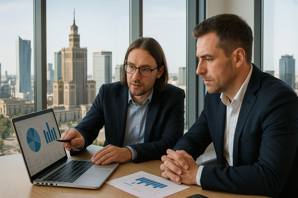 Doradca księgowy z Warszawy omawiający dane finansowe z przedsiębiorcą