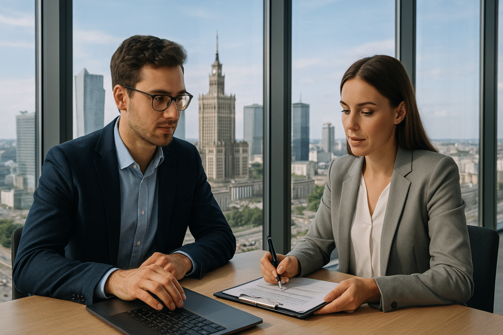 Przedsiębiorca omawiający księgowość uproszczoną z doradcą w biurze rachunkowym w centrum Warszawy